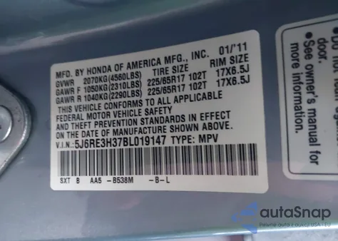 2011 Honda Cr-V Lx из США, поврежденный, VIN 5J6RE3H37BL019147